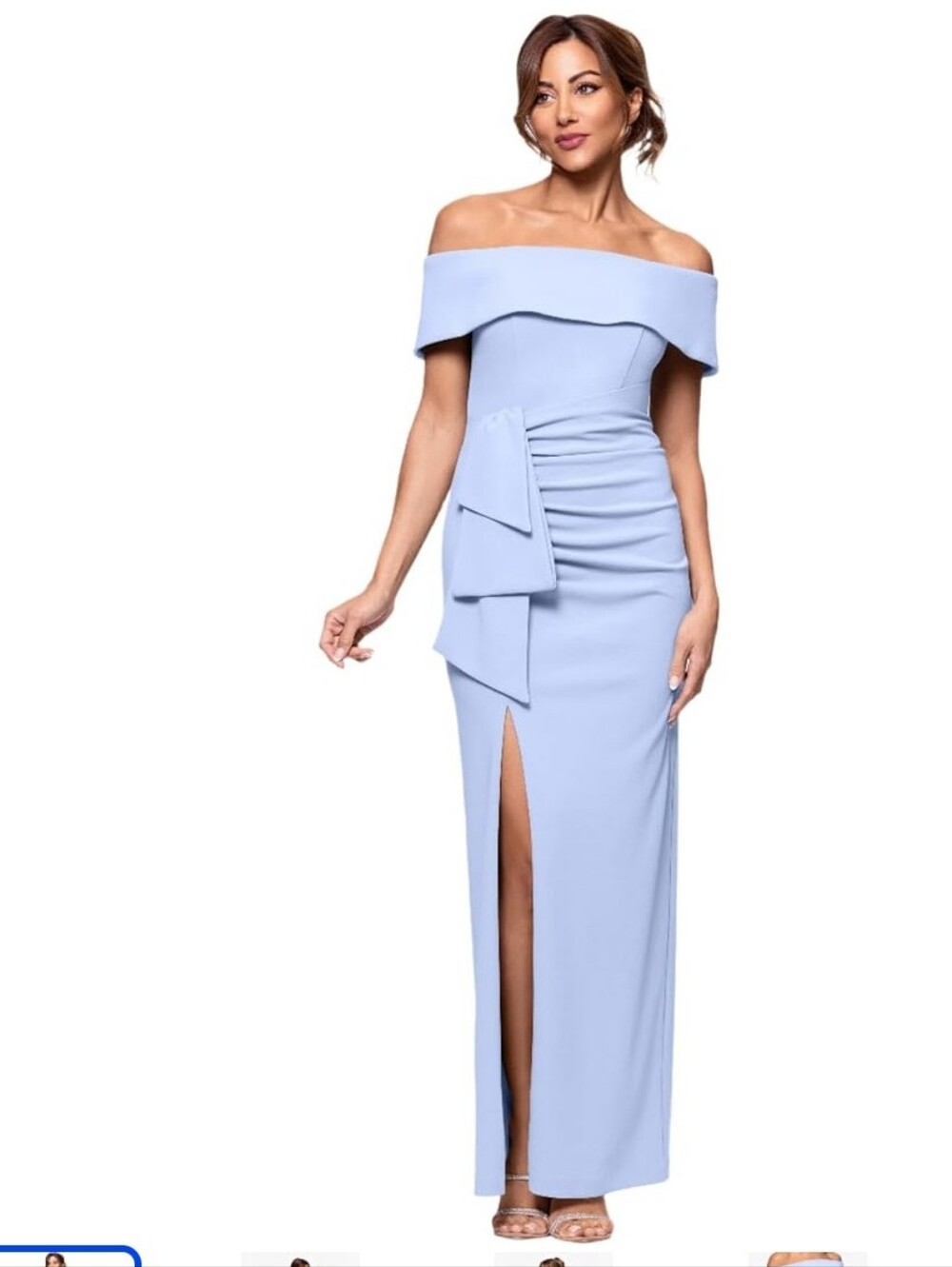 Xscape Light Blue Periwinkle Off-Shoulder Maxi Dress with Front Slit